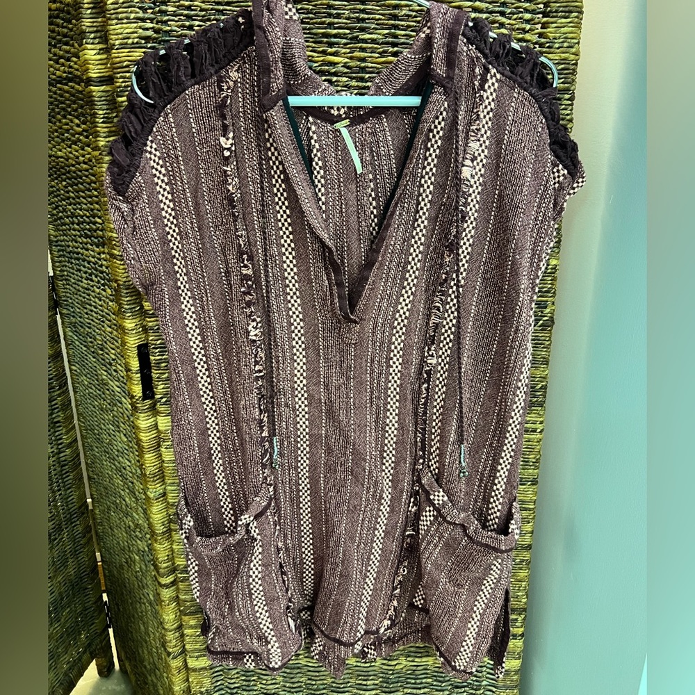 Free People maroon and pink Striped Hooded Sleeveless Top